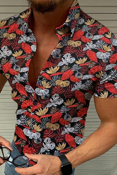 Guy's Dashing Shirt Floral Print Turn-down Collar Short-sleeved Slim Fit Button down Shirt