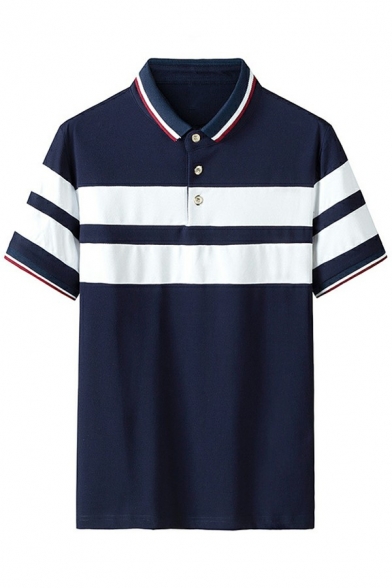 Guy's Fancy Polo Shirt Striped Pattern Button-down Short Sleeves Spread Collar Polo Shirt