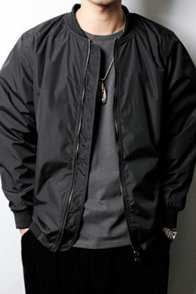 Guy's Trendy Jacket Whole Colored Pocket Long-Sleeved Stand Collar Zipper Baseball Jacket