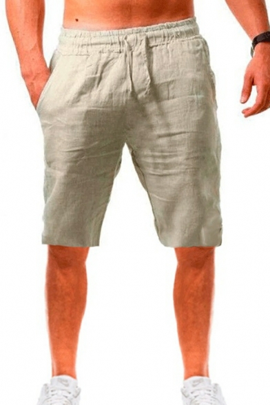 Men Vintage Shorts Plain Pocket Designed Drawstring Waist Mid Rise Regular Linen Shorts