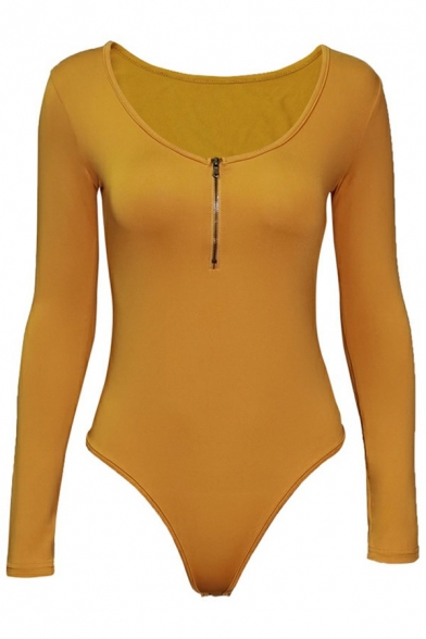 Modern Womens Bodysuit Plain Zip up Scoop Neck Long Sleeve Bodysuit