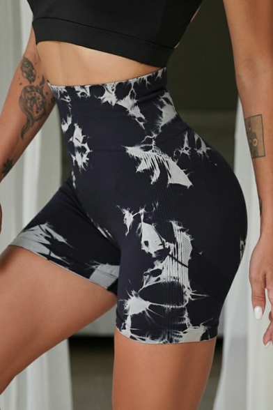 Refined Women Shorts Tie Dye Pattern High Elastic Waist Slimming Yoga Shorts