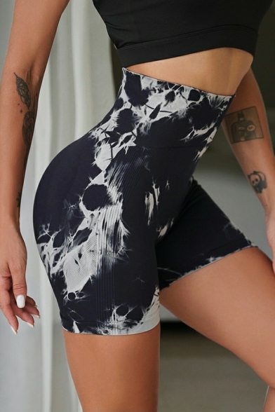 Refined Women Shorts Tie Dye Pattern High Elastic Waist Slimming Yoga Shorts