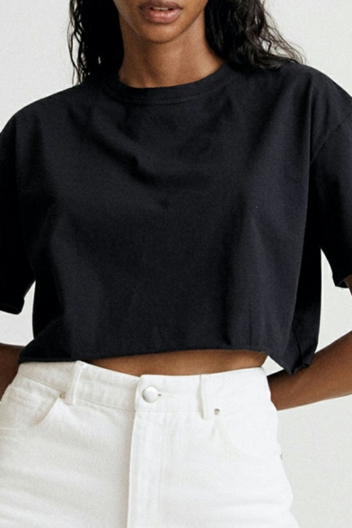 Simple Womens Tee Shirt Plain Crew Collar Short Sleeve Cropped Tee Shirt