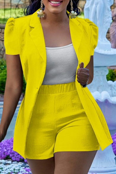 Stylish Women's Suit Co-ords Plain Lapel Collar Short Puff Sleeve Blazer with Short Set