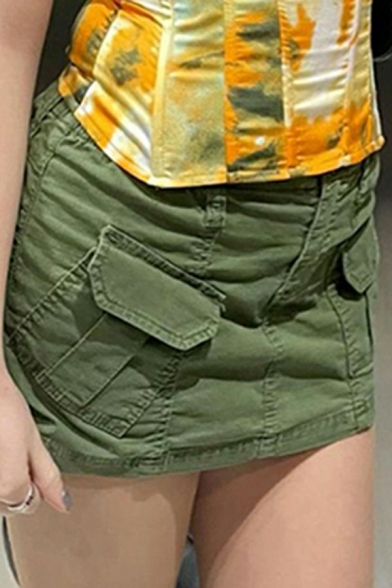 Women Cool Skirt Pure Color Flap Pocket Zip Closure Mini Skirt