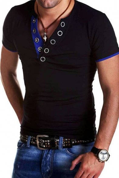 Basic Men's T-Shirt Contrast Trim Short-sleeved V Neck Buckle Detail Slim Fitted Tee Top