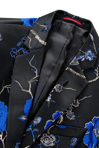 Chic Blazer Embroidery Floral Print Pocket Lapel Collar Slim One Button Blazer for Men