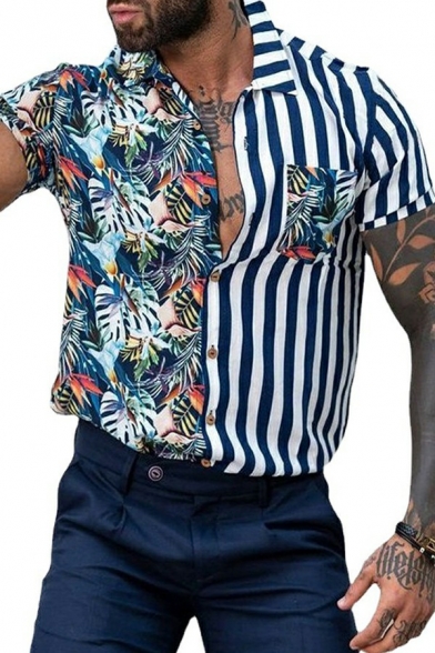 Chic Men Shirt Striped Printed Spread Neck Short Sleeve Contrast Color Button Shirt