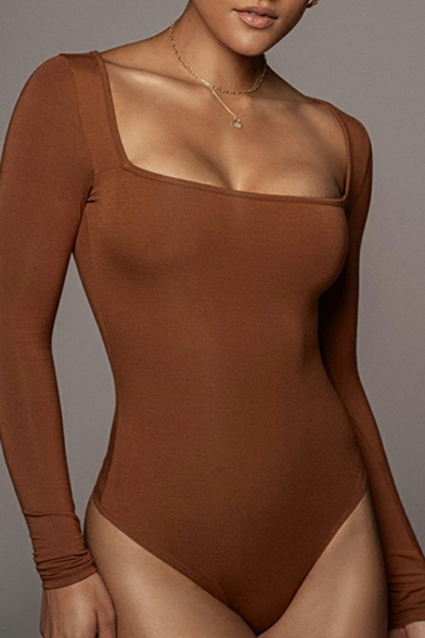 Elegant Womens Bodysuit Pure Color Square Neck Long Sleeve Bodysuit