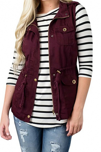 Freestyle Vest Solid Color Drawcord Zipper Spread Collar Flap Pocket Button Vest for Women