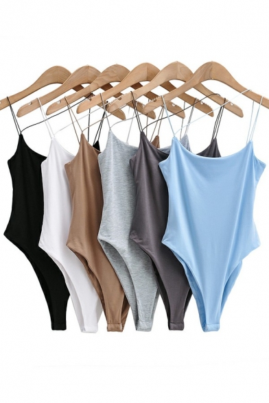 Girlish Bodysuit Solid Color Spaghetti Strap Sleeveless Bodysuit for Ladies