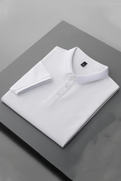 Men Fashionable Polo Shirt Solid Color Button Regular Point Collar Short Sleeve Polo Shirt