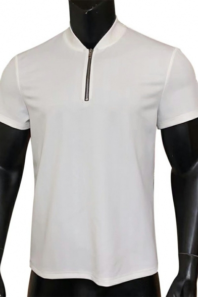 Men Urban Polo Shirt Solid Color Stand Collar Regular Short Sleeve Zip Up Polo Shirt