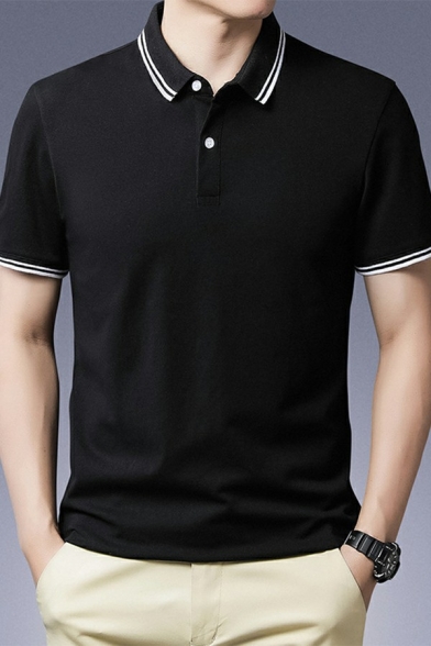 Modern Men Polo Shirt Contrast Stripe Spread Collar Short Sleeve Fitted Button Polo Shirt