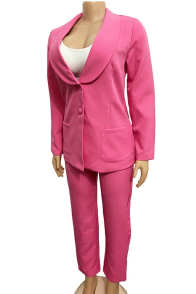 Modern Women Suit Co-ords Solid Color One Button Shawl Collar Blazer with Pants Set