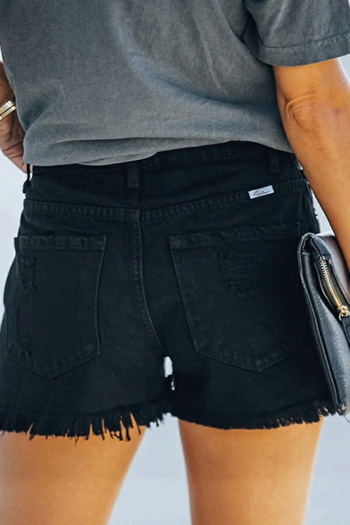 Popular Women Shorts Solid Broken Hole Mid Rise Zip Closure Denim Shorts