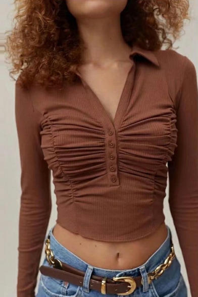 Retro Women's Crop Polo Shirt Plain Ruched V Neck Button Long Sleeve Polo Shirt