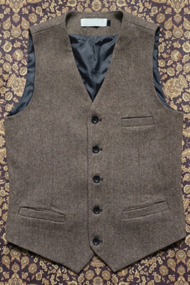 Vintage Suit Vest Whole Colored Button Placket V-Neck Front Pocket Suit Vest for Guys