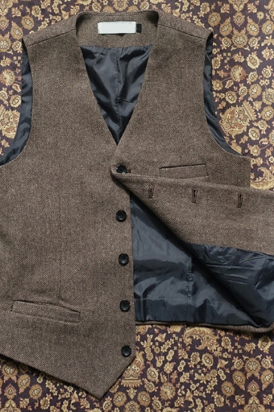 Vintage Suit Vest Whole Colored Button Placket V-Neck Front Pocket Suit Vest for Guys