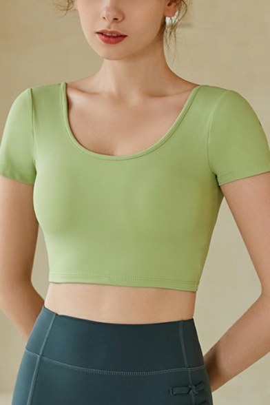 Women Novelty Set Plain Short Sleeve U-Neck Hollow Out T-Shirt Skinny Pants Active Co-ords