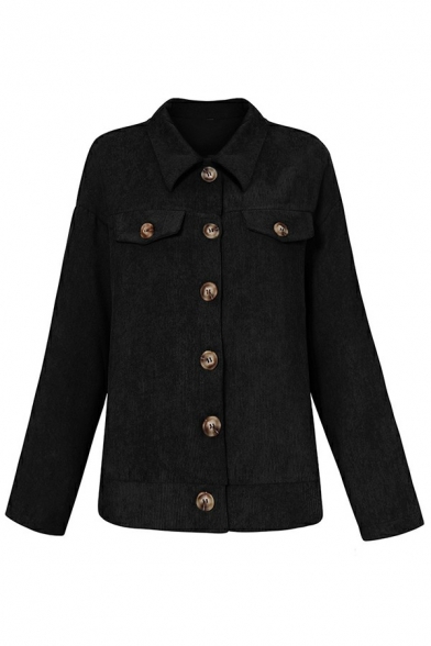 Comfortable Jacket Whole Colored Turn-down Collar Button Fly Corduroy Jacket for Girls