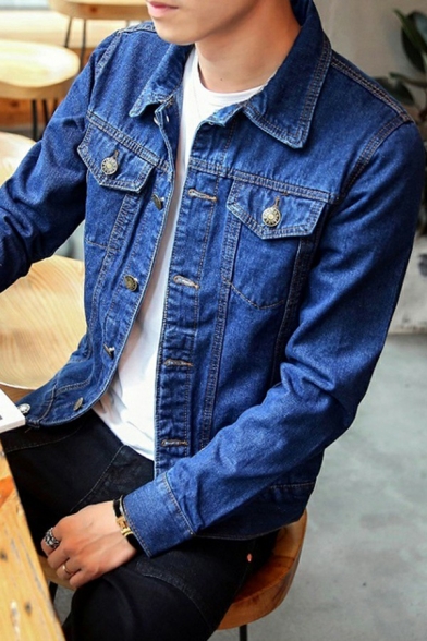 Fashion Guys Jacket Pure Color Spread Collar Long Sleeves Regular Button Fly Denim Jacket