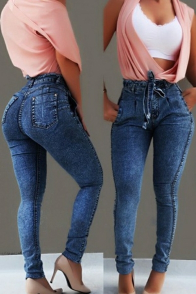 Girlish Women's Jeans Plain Drawstring Pocket Skinny High Waist Jeans