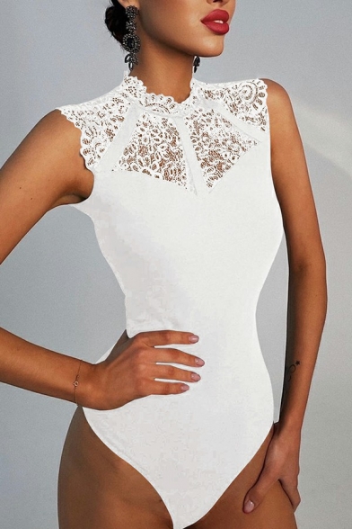 Graceful Women Bodysuit Whole Colored Hollow Out Stand Collar Lace Bodysuit