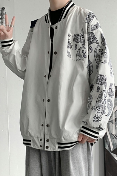 Leisure Bomber Jacket Paisley Printed Button up Stand Collar Pocket Bomber Jacket for Men