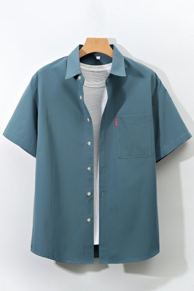 Men Classic Shirt Pure Color Chest Pocket Spread Collar Short Sleeves Relaxed Button Shirt