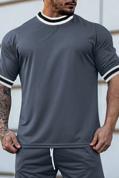 Men Formal T-shirt Contrast Line Regular Fit Crew Collar Short Sleeves Tee Top