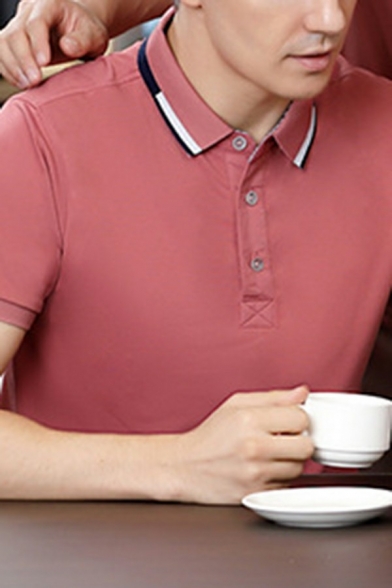 Modern Polo Shirt Contrast Line Pattern Short-Sleeved Spread Collar Polo Shirt for Men