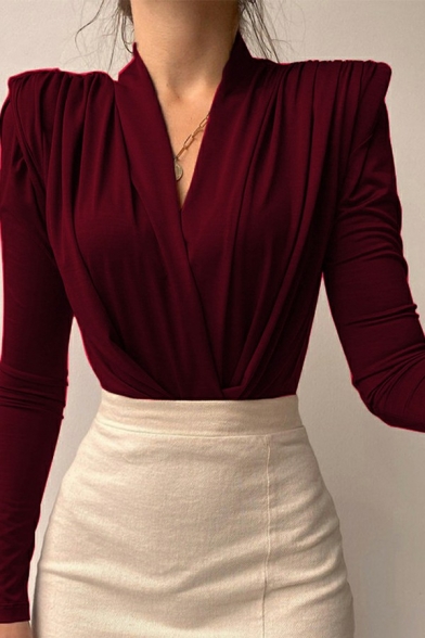Old-fashioned Womens Bodysuit Plain Ruched Detail V Neck Long Sleeve Bodysuit