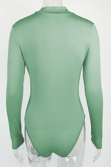 Popular Women Bodysuit Solid Half Zip down Stand Collar Long Sleeve Skinny Bodysuit
