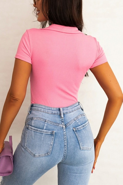 Retro Women's Crop Polo Shirt Plain Ruched V-neck Skinny Short Sleeve Polo Shirt