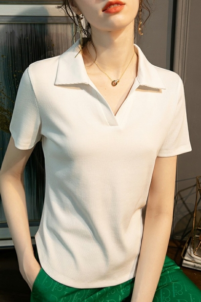Retro Women's Polo Shirt Whole Colored Spread Collar Short Sleeve Polo Shirt