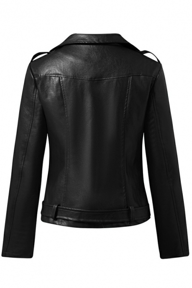 Simple Women's PU Jacket Plain Pocket Buckle Belt Notched Lapel Long Sleeve Leather Jacket