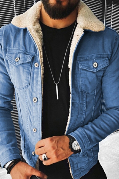 Street Look Guy's Jacket Plain Chest Pocket Spread Collar Button Fly Brushed Denim Jacket