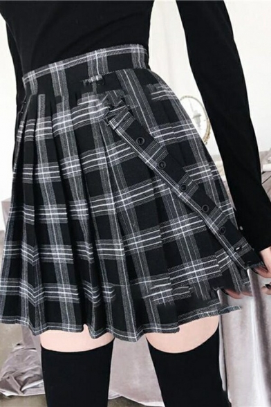 Women Edgy Skirt Plaid Patterned Pleated A-Line Buckle Mini Skirt