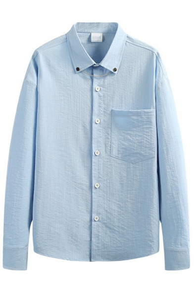 Boy's Fashionable Shirt Relaxed Solid Color Pocket Point Collar Long-sleeves Button Shirt