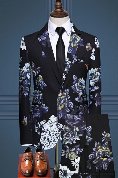Chic Suit Co-ords Floral Pattern Lapel Collar Single Button Suit Co-ords for Men