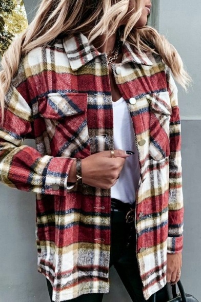 Cozy Jacket Plaid Printed Chest Pocket Turn-down Collar Button Front Jacket for Women