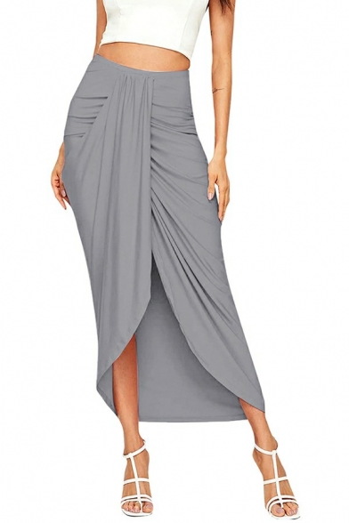 Elegant Ladies Skirt Pure Color High Low Pleated Wrap Skirt