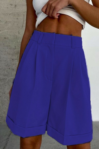 Fascinating Women Shorts Solid Pocket Mid Waist Knee Length Zipper Bermuda Shorts