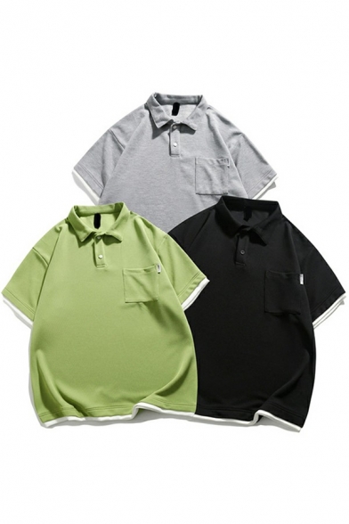 Guys Daily Polo Shirt Contrast Hem Button Detail Short Sleeve Polo Shirt with Pocket