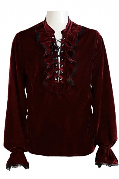 Guys Fashionable Shirt Solid Long Sleeves Stand Collar Fitted Ruffles Lace-up Shirt