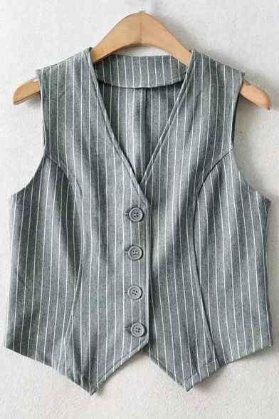 Ladies Dashing Vest Striped Print V-Neck Relaxed Button Closure Cropped Vest