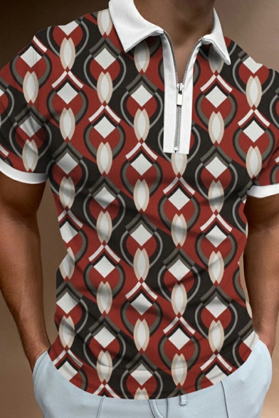 Men Chic Polo Shirt 3D Printed Turn-down Collar Zipper Detail Short Sleeves Polo Shirt