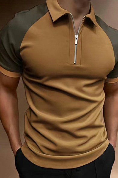 Men Modern Polo Shirt Color Block Zipper Detail Short Sleeves Polo Shirt